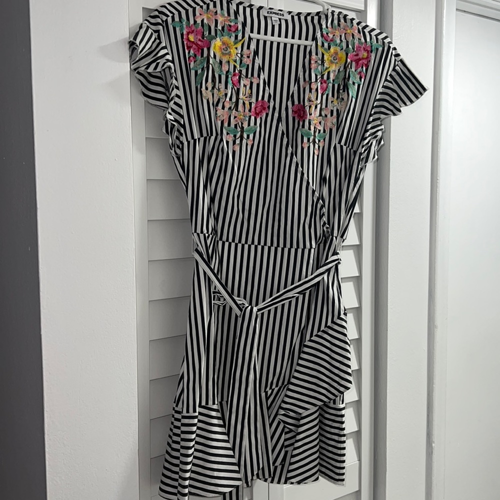 gray striped with white embroidery of red flowers